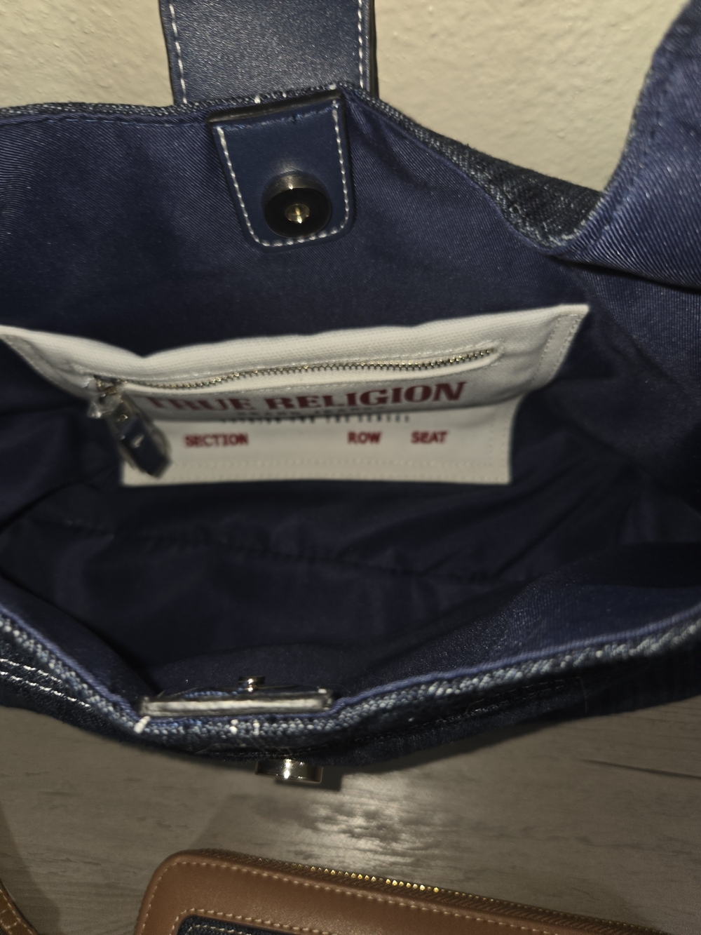 True Religion Denim Shoulder Hobo Bag with Tan Trim and Wallet - Picture 3 of 5